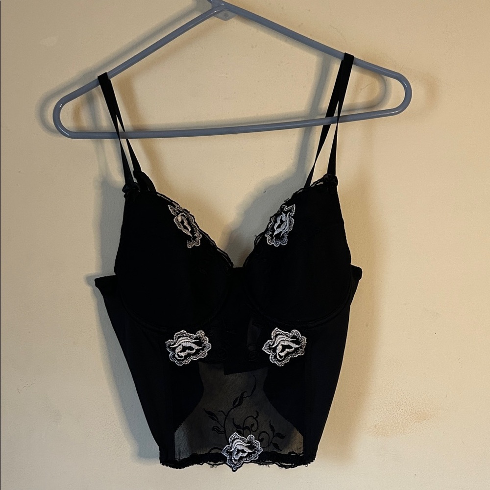 Donna Loren Black Lace Floral Appliqué Bustier Top